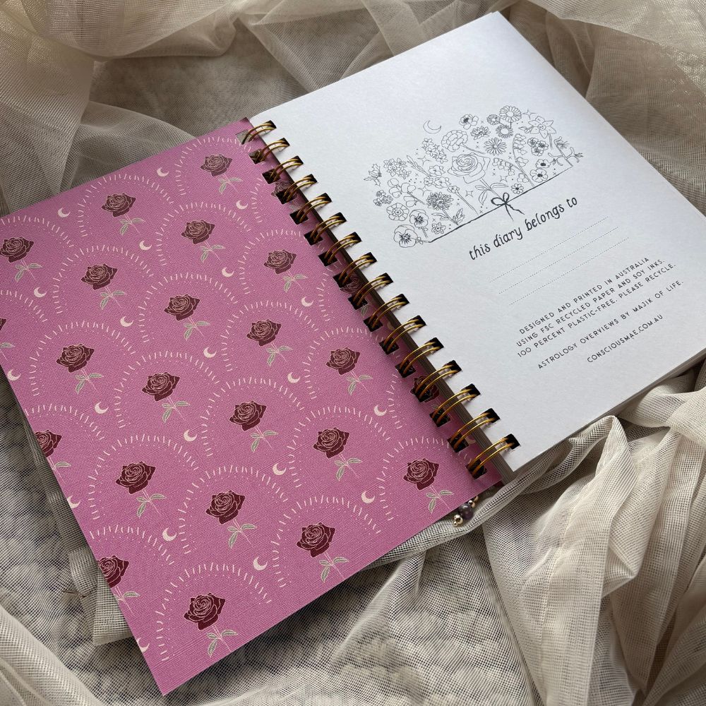 Spiral-bound notebook with pink rose pattern on cover, placed on a textured surface.