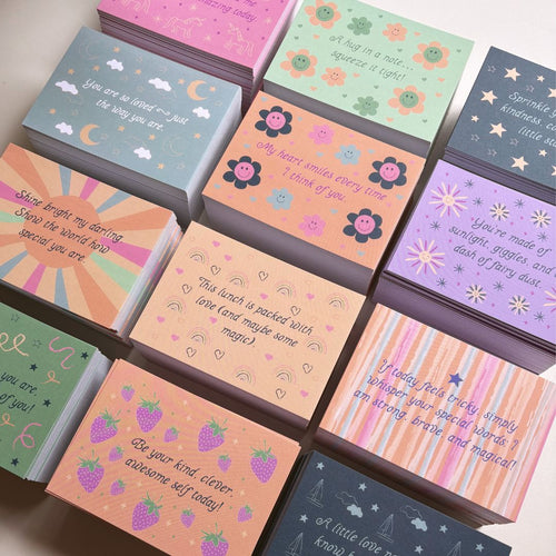 Collection of colourful greeting cards with various positive affirmations and illustrations for children. 