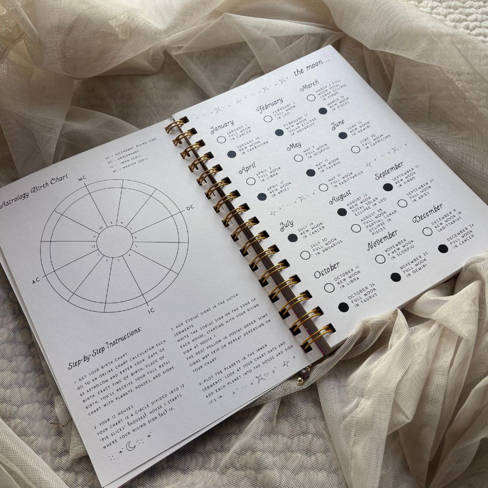 Open spiral-bound notebook with celestial chart and text on a soft fabric background