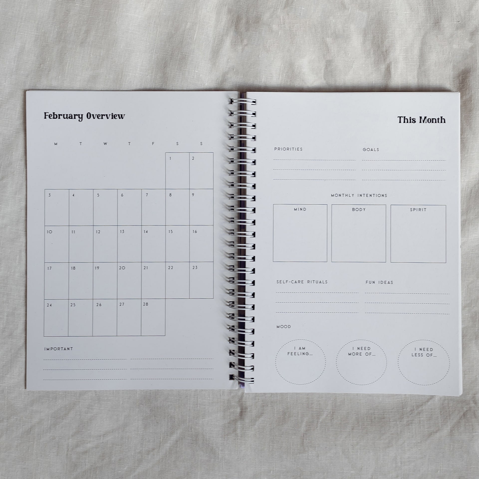 monthly overview page for 2025 conscious mae diary planner