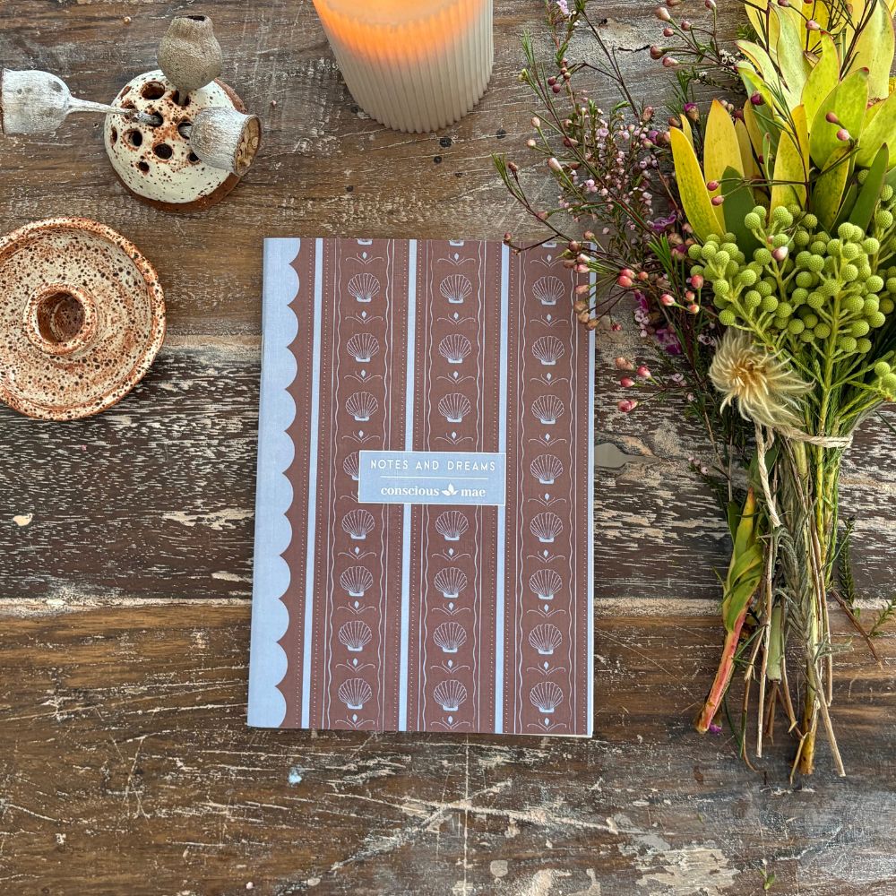 Vintage blue and brown sea lace notebook with blank pages.