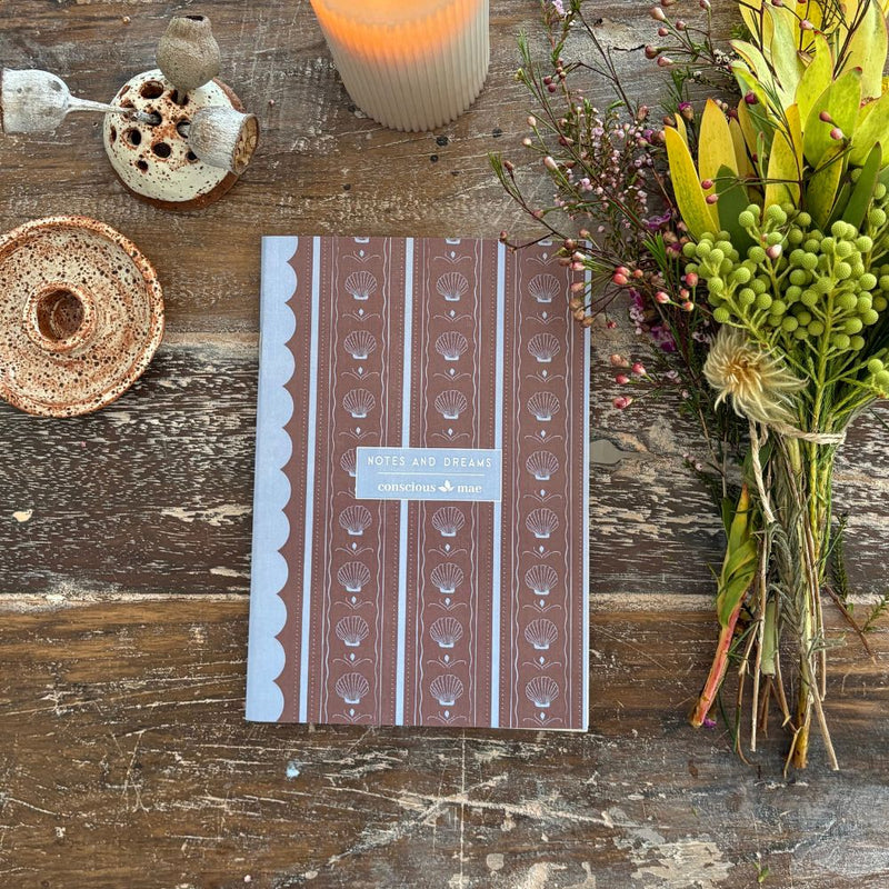 Vintage blue and brown sea lace notebook with blank pages.